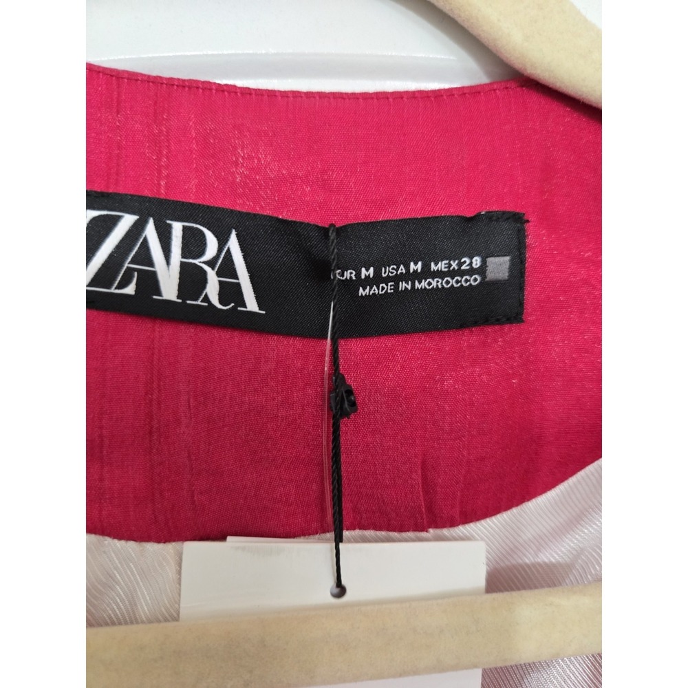 Zara Shiny Satin Wrinkle Effect Belted Shoulder Pad Blazer Fushia Size M NWT - Picture 5 of 10